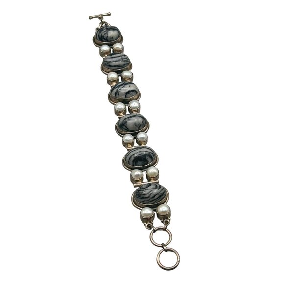 Grey Jasper & Pearls Bracelet Sterling Silver 925 Semi Rigid Long Toggle Clasp - Picture 1 of 8